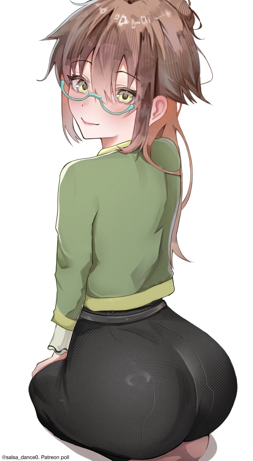 1girl absurdres artist_name ass ass_focus blush brown_hair commentary double-parted_bangs eiyuu_densetsu english_commentary glasses green_eyes hair_between_eyes highres kuro_no_kiseki_(series) kuro_no_kiseki_i long_hair looking_at_viewer ponytail salsa_dance seiza sidelocks simple_background sitting smile solo towa_herschel twitter_username white_background