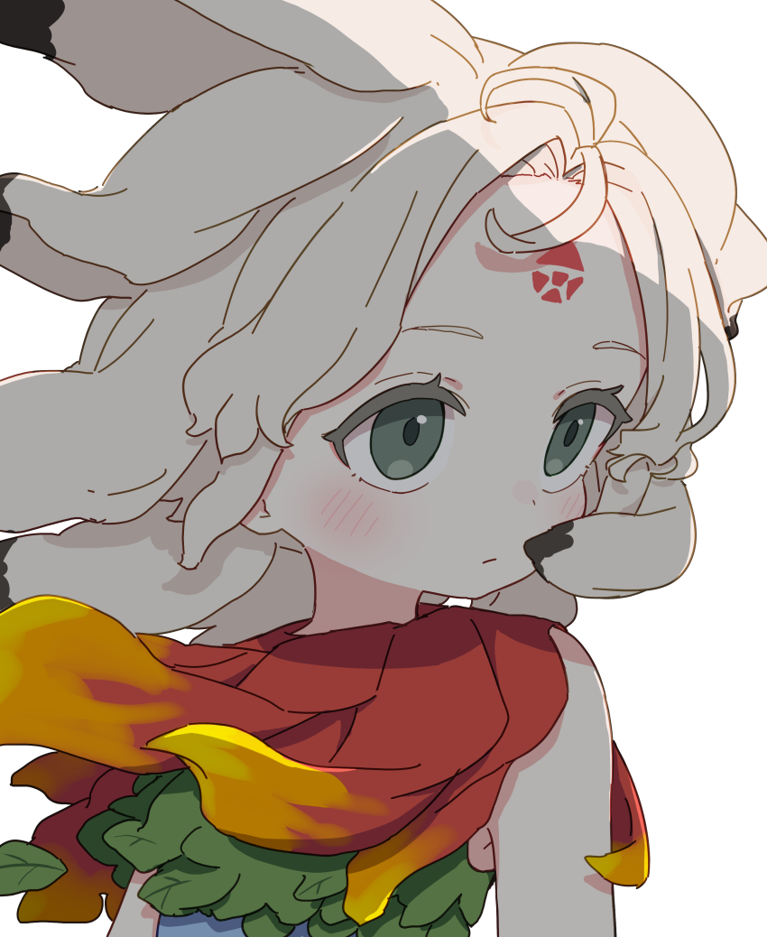 1girl absurdres bare_shoulders blue_shirt blush closed_mouth commentary forehead_tattoo green_eyes highres houjuu_chimi kame_(kamepan44231) long_hair red_scarf scarf shirt simple_background sleeveless sleeveless_shirt solo touhou white_background white_hair