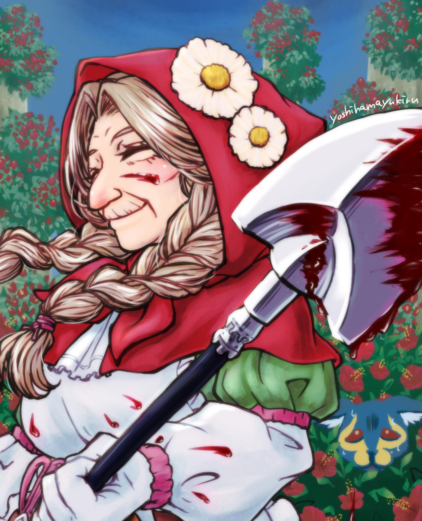 1girl blood blood_on_clothes blood_on_face bloody_weapon braid breasts capelet closed_eyes dress etrian_odyssey farmer_(sekaiju) farmer_5_(sekaiju) highres holding holding_shovel holding_weapon hood large_breasts long_sleeves lynx monster old old_woman outdoors sekaiju_no_meikyuu sekaiju_no_meikyuu_3 sekaiju_no_meikyuu_hd shovel signature smile solo twin_braids upper_body weapon white_dress yorukihashi_mayu
