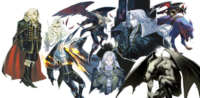 1boy absurdres alucard_(castlevania) aristocratic_clothes ascot bat_(animal) bishounen black_cape black_wings blonde_hair boots cape castlevania:_symphony_of_the_night castlevania_(series) cloak coat commentary demon_horns demon_wings english_commentary eye_trail feathered_wings feathers fire gargoyle gloves hand_on_own_chest high_heel_boots high_heels highres holding holding_sword holding_weapon horns kneeling light_trail long_hair looking_at_viewer male_focus multiple_views pale_skin red_eyes red_feathers shielding simple_background smile supsross sword trench_coat vampire weapon white_ascot white_background white_hair wings wolf yellow_eyes