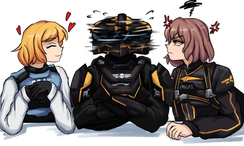 1boy 2girls anger_vein angry armor black_gloves blonde_hair brown_hair bulletproof_vest eagle_1_(helldivers) glaring gloves heart helldiver_(helldivers) helldivers_(series) helmet highres jumpsuit lad_der multiple_girls orange_eyes pauldrons seaf_soldier_(helldivers) short_hair shoulder_armor simple_background smile white_background