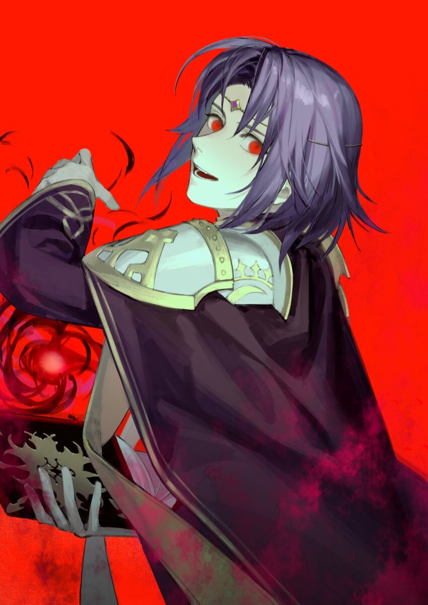1boy arm_up armor book cape commentary cowboy_shot fire_emblem fire_emblem:_the_sacred_stones gem gold_trim hashtag-only_commentary highres holding holding_book long_sleeves looking_back lyon_(fire_emblem) magic male_focus mik_blamike nintendo open_book open_mouth pauldrons purple_cape purple_gemstone purple_hair red_background red_eyes shoulder_armor smile solo teeth tiara