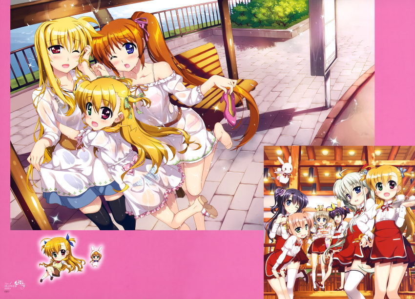 10s 6+girls absurdres ahoge apron asteion barefoot black_bra black_hair black_legwear blue_eyes blue_panties blue_ribbon blue_skirt blush bra bra_visible_through_clothes brown_hair brown_skirt collarbone corona_timir dress eyebrows fate_testarossa feet fujima_takuya green_ribbon hair_between_eyes hair_ornament hair_ribbon hair_scrunchie hand_in_own_hair hand_on_own_hip high_heels high_ponytail highres holding holding_shoes holding_unworn_clothes hug leaning_forward leg_up light_brown_hair looking_at_viewer lyrical_nanoha mahou_shoujo_lyrical_nanoha mahou_shoujo_lyrical_nanoha_vivid maid maid_cafe mary_janes miura_rinaldi multiple_girls neck_ribbon official_art one_eye_closed one_side_up open_mouth outdoors panties pink_bra pink_panties pink_ribbon pink_sandals pink_shoes pleated_skirt polka_dot polka_dot_panties ponytail red_apron red_eyes red_footwear red_ribbon ribbon rio_wezley sacred_heart sandals scrunchie see-through_clothes shirt shoe_soles shoes side_ponytail silver_hair skirt skirt_hold smile takamachi_nanoha thighhighs toes two_side_up underwear unworn_shoes vivid_strike! vivio wet wet_clothes wet_dress white_background white_dress white_legwear white_shirt yumina_enclave zettai_ryouiki