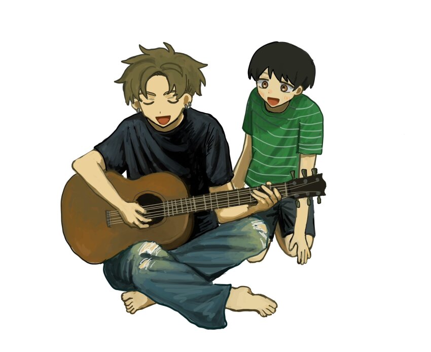 2boys :d acoustic_guitar aged_down barefoot black_hair black_shirt black_shorts brothers brown_eyes brown_hair child closed_eyes commentary_request denim ear_piercing earrings full_body futsuu_no_keion-bu green_shirt guitar highres indian_style instrument jeans jewelry kneeling male_focus multiple_boys music open_mouth pants parted_bangs piercing playing_guitar playing_instrument shirt short_sleeves shorts siblings simple_background sitting smile striped_clothes striped_shirt t-shirt takami_kouki takami_ryuki torn_clothes torn_jeans torn_pants u_u white_background zz_5mm
