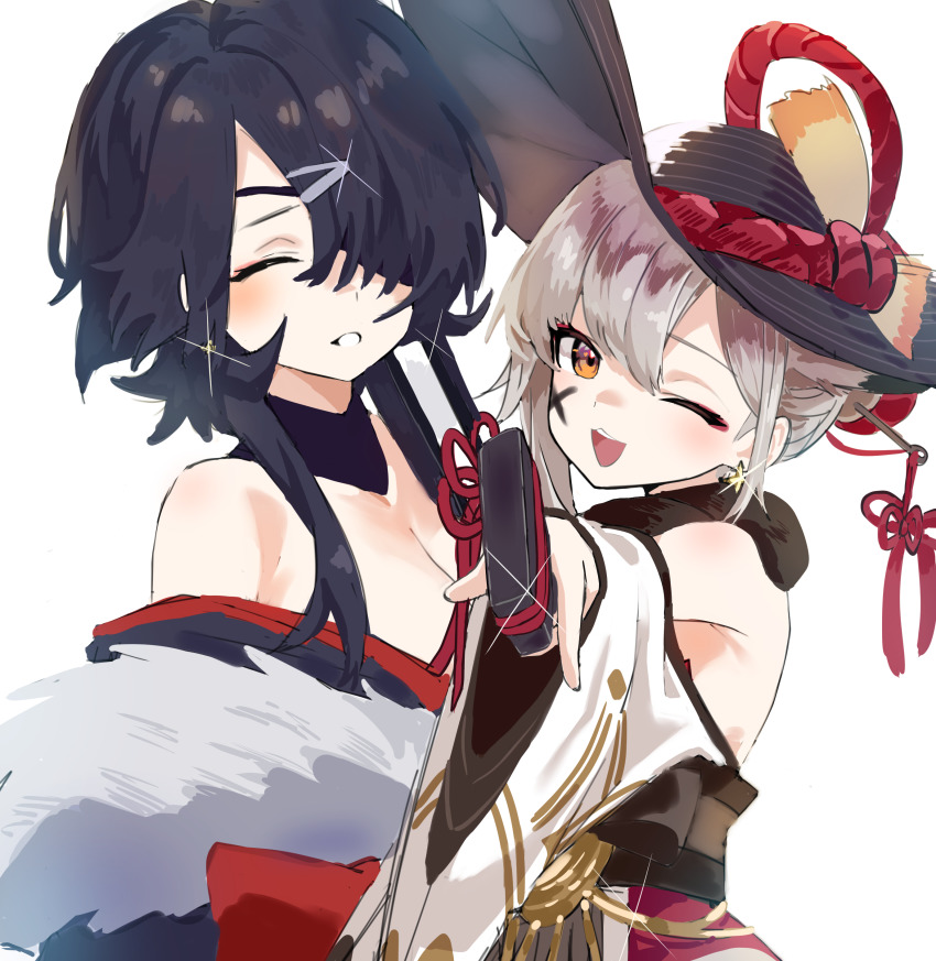 2girls absurdres azur_lane black_hair closed_eyes commentary_request earrings georgia_(azur_lane) georgia_(exalted_vibrance)_(azur_lane) grey_hair hair_ornament hair_over_one_eye hand_fan hat highres japanese_clothes jewelry kimono kirari_(kira_rin9) looking_at_viewer multiple_girls one_eye_closed simple_background suzutsuki_(azur_lane) suzutsuki_(suzutsuki_hanetsuki_adept!)_(azur_lane) white_background yellow_eyes