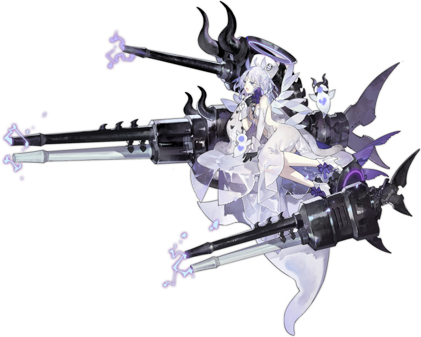 1girl arbiter_the_lovers_vi_(azur_lane) arm_support artist_request azur_lane bare_shoulders black_gloves blue_eyes bow breasts cannon chest_jewel cross-shaped_pupils dress elbow_gloves electricity facial_mark forehead_mark from_side full_body fur_hat gem ghost gloves hair_ornament halo hand_on_own_neck hat heart high_heels highres huge_weapon jewelry light_purple_hair long_hair looking_at_viewer low_wings machinery mechanical_halo medium_breasts necklace official_art open_mouth pale_skin papakha purple_bow purple_eyes purple_ribbon ribbon ribbon_shoes see-through_clothes see-through_dress ship_turret shoes simple_background siren_(azur_lane) sitting sleeveless sleeveless_dress solo symbol-shaped_pupils weapon white_dress white_hat white_shoes wings yokozuwari