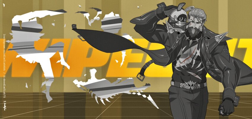 1boy 1other abs animal_ears bara beard black_pants blood closed_mouth commentary doodlefish english_commentary eous_(zenless_zone_zero) ethereal_(zenless_zone_zero) facial_hair frown highres holding_bandaid jacket leather leather_jacket muscular muscular_male mustache non-humanoid_robot on_shoulder one_eye_closed pants pectoral_cleavage pectorals pompey_(zenless_zone_zero) rabbit_ears robot scar scar_on_chest zenless_zone_zero