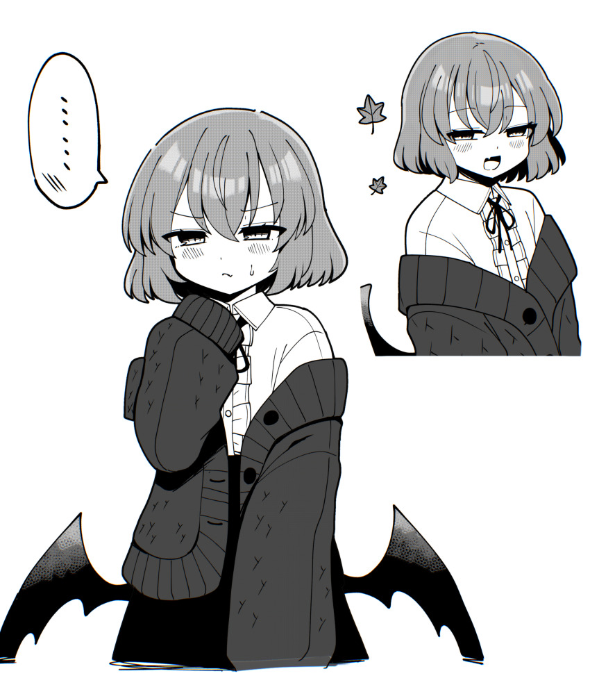 ... 1girl absurdres blush closed_mouth collared_shirt highres long_sleeves monochrome multiple_views open_mouth remilia_scarlet shirt short_hair smile touhou wings you_(noanoamoemoe)