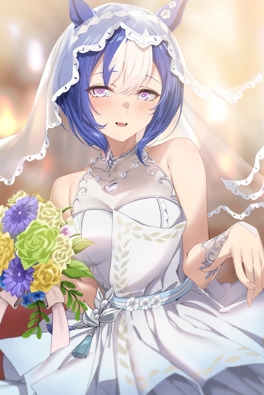 1girl animal_ears blue_hair blurry blurry_background blush bouquet breasts bridal_veil cesario_(twinbell_queen)_(umamusume) cesario_(umamusume) cleavage commentary covered_collarbone dress ears_through_headwear flower highres holding holding_bouquet horse_ears horse_girl kagari_liroi looking_at_viewer multicolored_hair official_alternate_costume open_mouth purple_eyes see-through_cleavage see-through_clothes short_hair smile solo streaked_hair umamusume veil wedding_dress white_hair