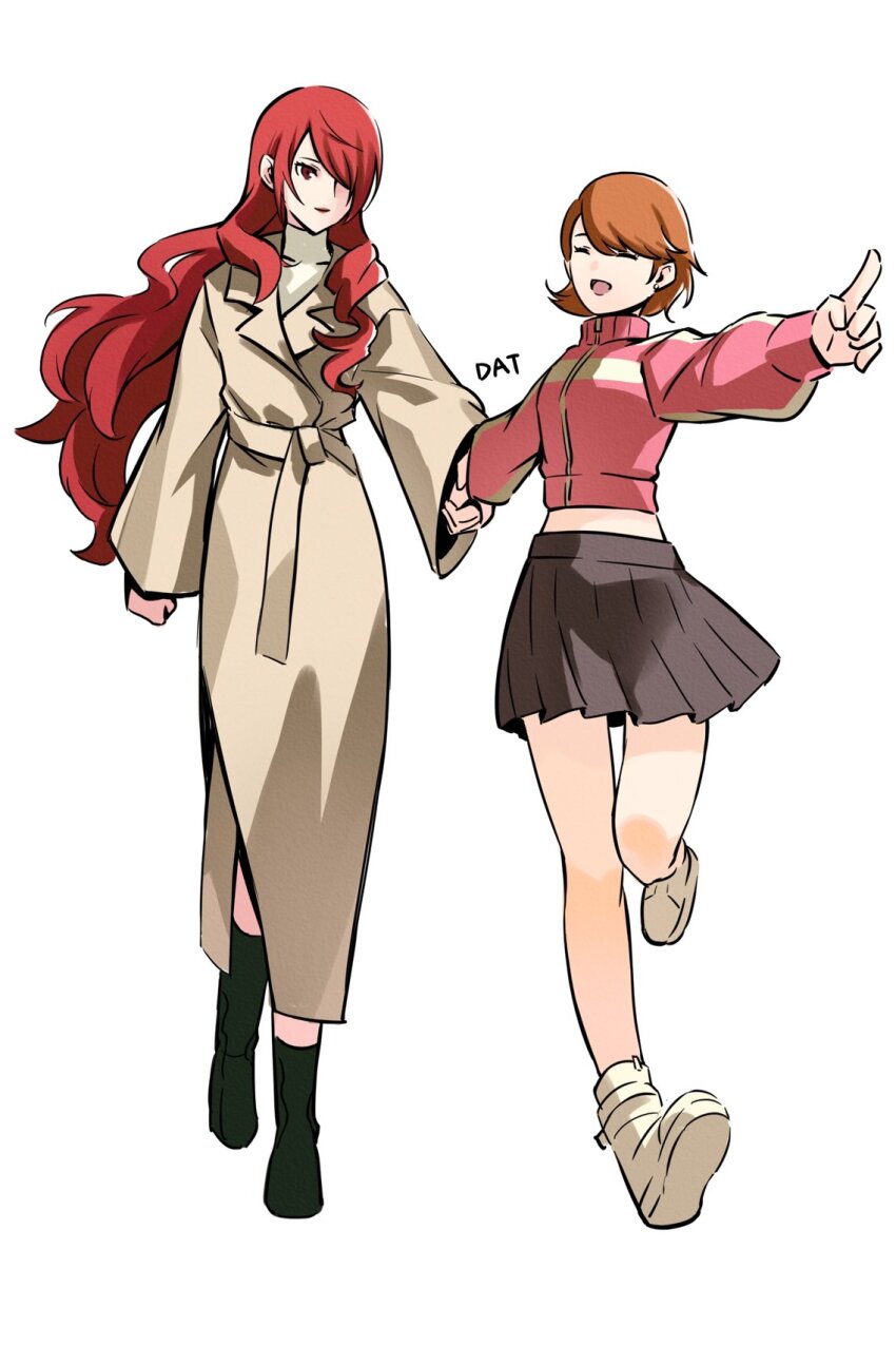 2girls :d ^_^ bare_legs black_footwear black_skirt boots brown_hair closed_eyes coat commentary crop_top da-cart hair_over_one_eye highres holding_hands jacket kirijou_mitsuru long_hair long_sleeves midriff miniskirt multiple_girls open_mouth persona persona_3 pink_jacket pleated_skirt red_hair short_hair simple_background skirt smile standing takeba_yukari very_long_hair white_background wide_sleeves