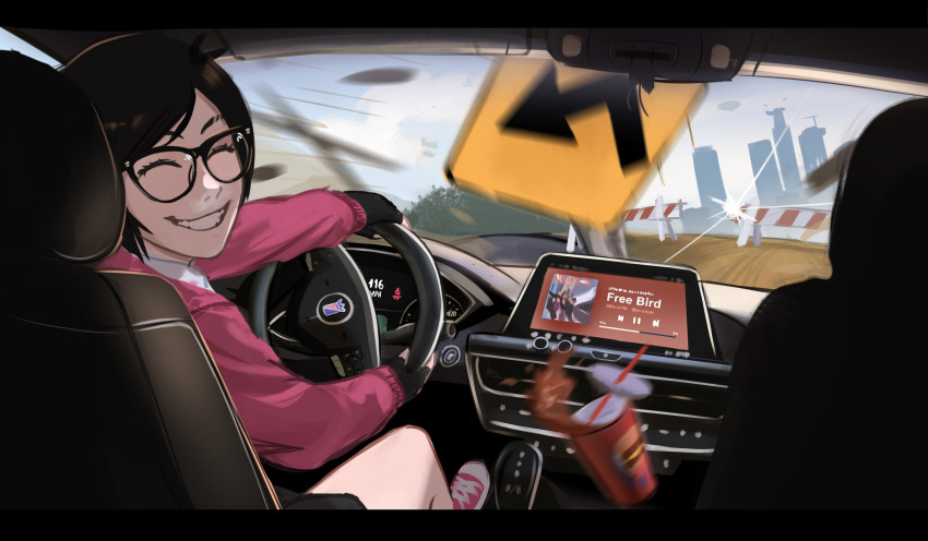 1girl ^_^ black-framed_eyewear black_eyes black_hair building car_interior cardigan city cityscape closed_eyes collar cup disposable_cup driving fingerless_gloves freebird_(song) glasses gloves grand_theft_auto grand_theft_auto_v grin happy highres looking_back motion_blur original pink_cardigan pov road_sign roadblock rosen_(veyonis) short_hair sign skyscraper smile solo steering_wheel teeth vehicle_interior veyonis white_collar