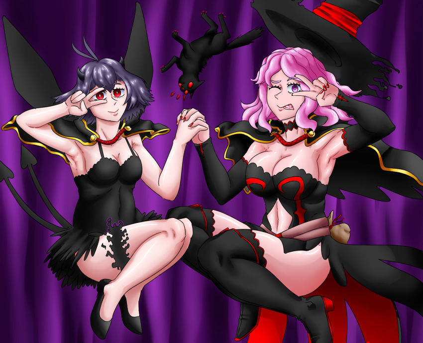 2girls black_clover black_hair breasts demon_tail elverguillash24 highres horns large_breasts long_hair multiple_girls one_eye_closed pink_eyes pink_hair red_eyes secre_swallowtail small_breasts tail tongue tongue_out vanessa_enoteca