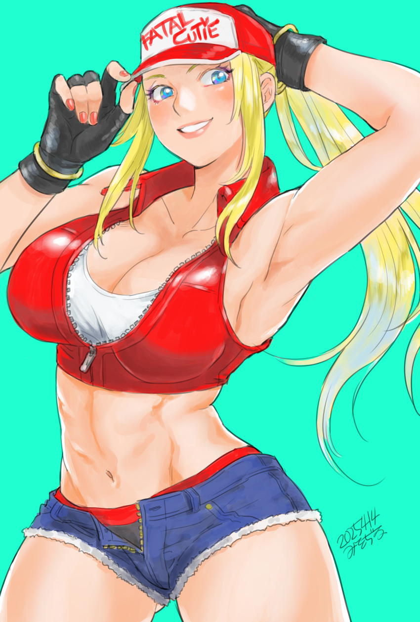 1girl absurdres baseball_cap blonde_hair blue_eyes blush breasts cleavage denim denim_shorts fatal_fury fatal_fury_cap fingerless_gloves genderswap genderswap_(mtf) gloves hat highres large_breasts long_hair looking_at_viewer micro_shorts midriff misodiru navel open_mouth ponytail shorts simple_background smile snk snk_heroines:_tag_team_frenzy solo terry_bogard the_king_of_fighters