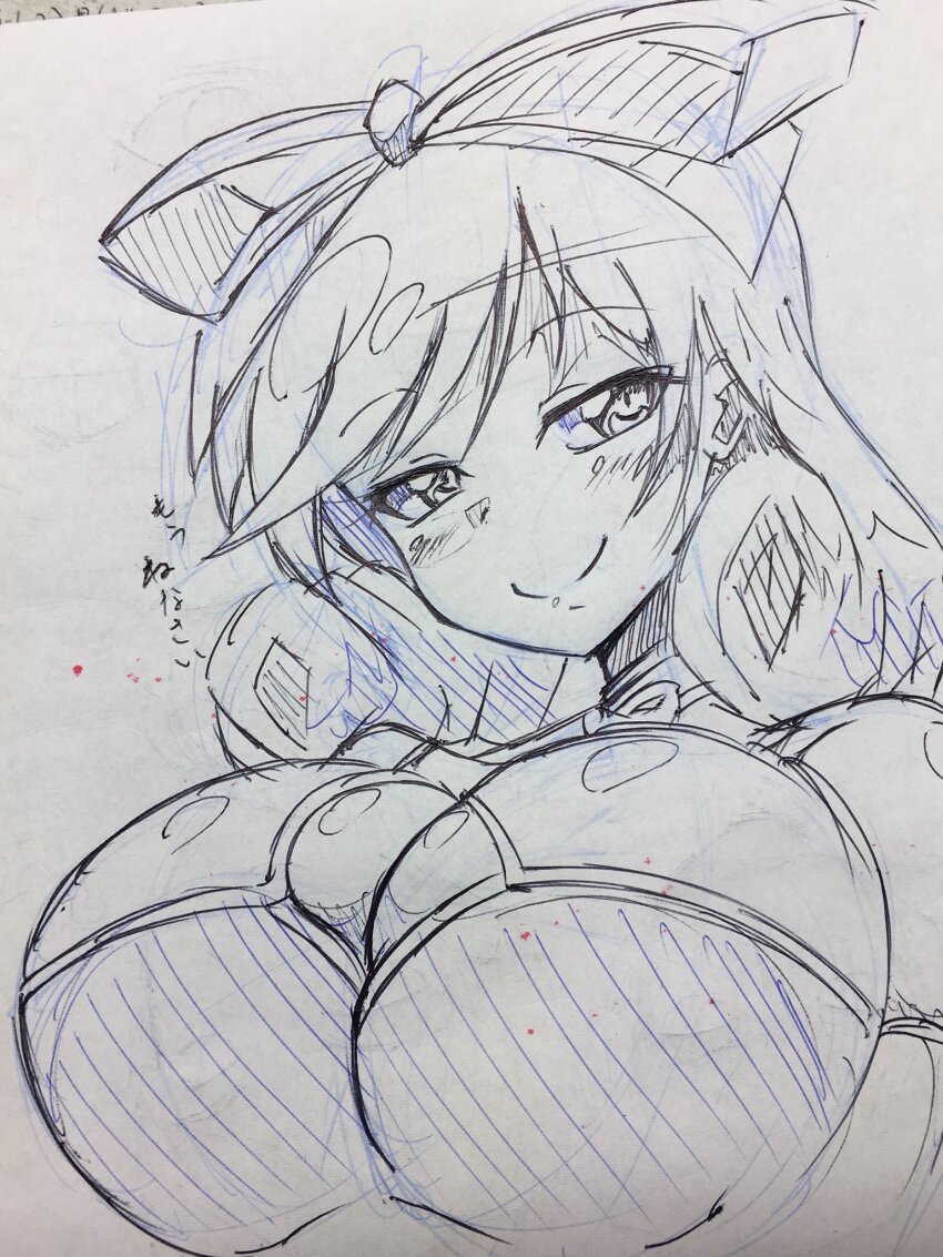 1girl archived_source blush bow breasts cleavage cleavage_cutout closed_mouth clothing_cutout curly_hair hair_bow haruka_(senran_kagura) highres jin_homuhomu large_breasts looking_at_viewer monochrome photo_(medium) senran_kagura short_hair simple_background sketch smile solo third-party_source traditional_media translation_request upper_body