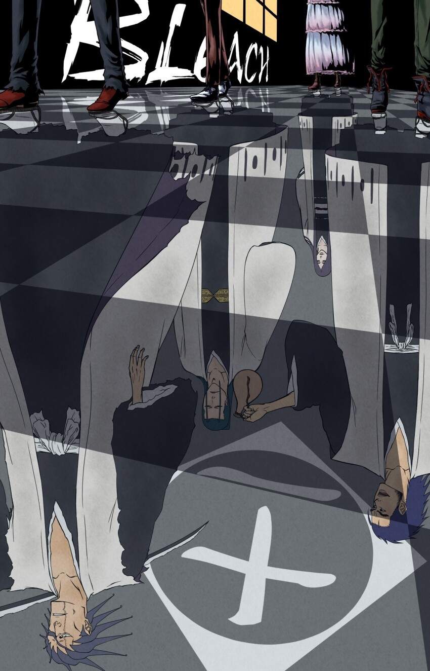 1girl 3boys absurdres arm_at_side azashiro_souya black_hair black_kimono bleach bleach:_sennen_kessen-hen bleach:_spirits_are_forever_with_you bleachist checkered_floor commentary_request copyright_name eyepatch full_body hand_up haori highres japanese_clothes katana kimono kubo_tite_(style) kuruyashiki_kenpachi long_hair long_sleeves looking_at_another male_focus multiple_boys obi official_style one_eye_covered open_mouth over_shoulder parted_bangs reflective_floor sash smile spiked_hair standing sword sword_over_shoulder tabi taichou_haori tile_floor tiles trait_connection unohana_retsu upside-down waraji weapon weapon_over_shoulder wide_sleeves zanpakutou zaraki_kenpachi