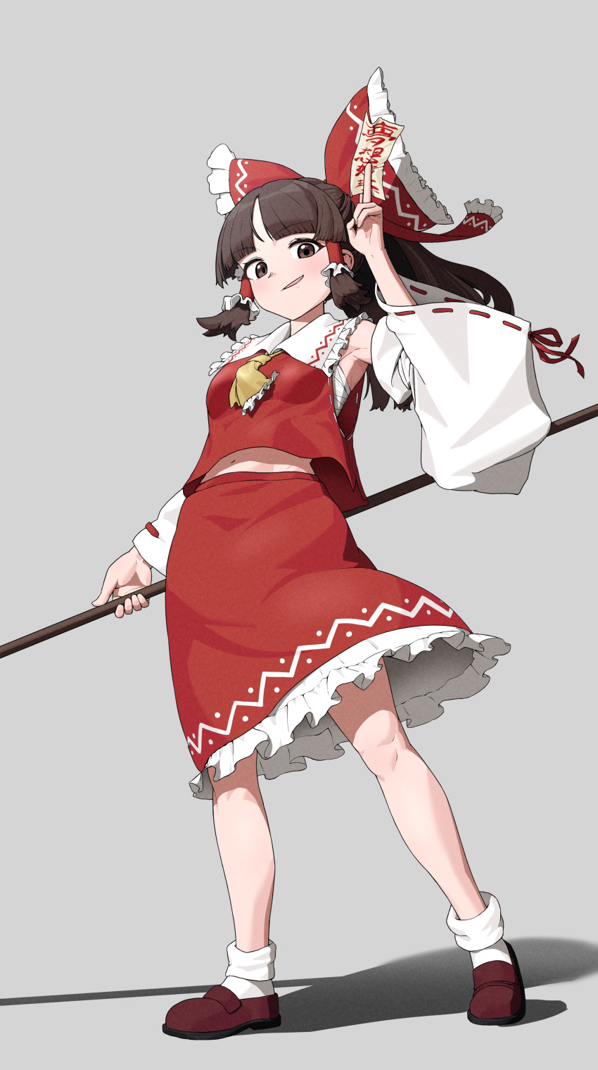 1girl absurdres ascot between_fingers bow breasts brown_eyes brown_hair brown_shoes commentary detached_sleeves frilled_bow frilled_hair_tubes frilled_skirt frills full_body gohei hair_bow hair_tubes hakurei_reimu highres holding holding_gohei long_hair ofuda ofuda_between_fingers red_bow red_skirt ribbon-trimmed_sleeves ribbon_trim shinka_(kmluke) shoes skirt skirt_set socks solo touhou white_socks yellow_ascot