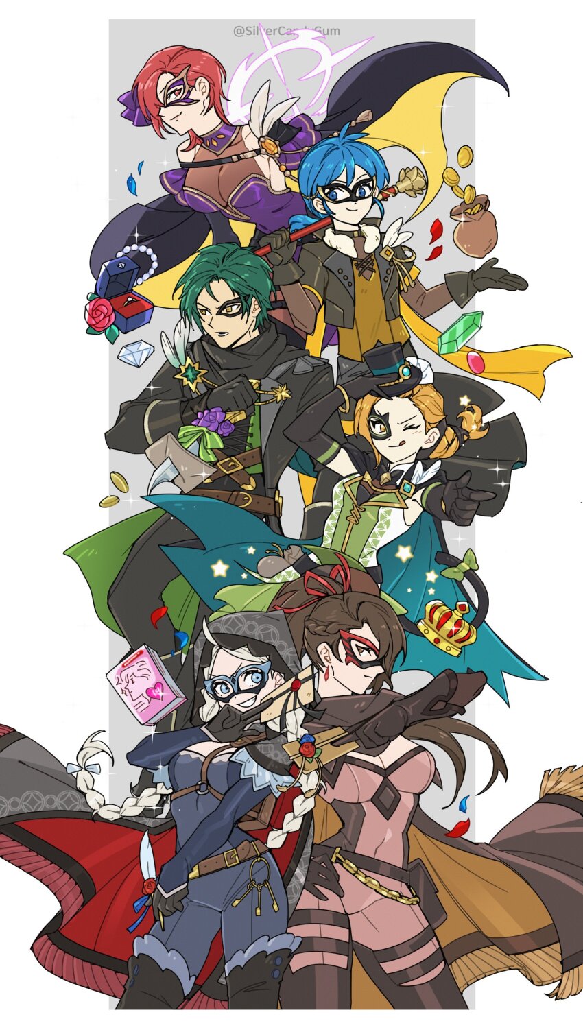 2boys 4girls absurdres ahoge black_gloves blue_bodysuit bodysuit boots braid breasts cath_(fire_emblem) cath_(thief)_(fire_emblem) coin crown eye_mask fire_emblem fire_emblem:_radiant_dawn fire_emblem:_the_binding_blade fire_emblem:_the_blazing_blade fire_emblem_fates fire_emblem_heroes gloves gold_coin hair_over_one_eye highres kagero_(fire_emblem) kagero_(thief)_(fire_emblem) large_breasts leila_(fire_emblem) leila_(thief)_(fire_emblem) low_twin_braids medium_breasts multiple_boys multiple_girls nina_(fire_emblem) nina_(thief)_(fire_emblem) nintendo official_alternate_costume parted_bangs rickard_(fire_emblem) rickard_(thief)_(fire_emblem) silvercandy_gum skin_tight sothe_(fire_emblem) sothe_(thief)_(fire_emblem) thigh_boots treasure twin_braids white_hair