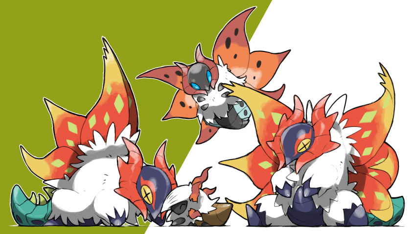 animal_focus blacknirrow bug closed_eyes creatures_(company) evolutionary_line flying game_freak gen_5_pokemon green_background highres insect_wings larvesta nintendo no_humans outline pokemon pokemon_(creature) pokemon_focus simple_background slither_wing two-tone_background volcarona white_background white_outline wings