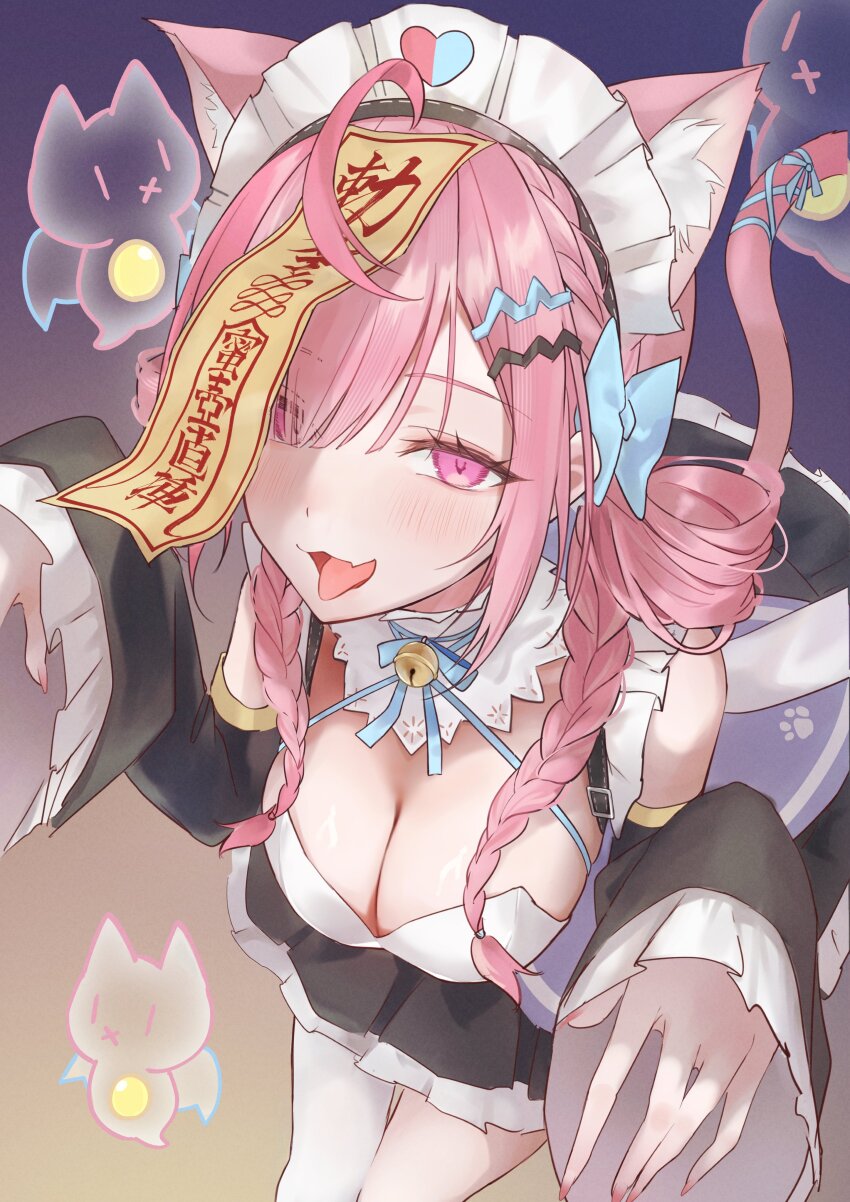 1girl absurdres ahoge animal_ears bell black_dress black_sleeves blue_ribbon blush braid breasts cat_ears cat_girl cat_hair_ornament cat_tail cleavage commentary detached_sleeves dress english_commentary extra_ears fang fingernails ghost_pose hair_ornament hair_rings hairclip halloween heart heart_print highres indie_virtual_youtuber jingle_bell kmdr_04 large_breasts long_hair long_sleeves looking_at_viewer maid maid_headdress nail_polish neck_bell neck_ribbon ofuda ofuda_on_head open_mouth paw_print pink_eyes pink_hair pink_nails pink_tail ribbon single_thighhigh skin_fang sleeves_past_wrists smile solo tail tail_ornament tail_ribbon thighhighs thighs tongue tongue_out twin_braids twintails virtual_youtuber white_thighhighs yuuki_sakuna