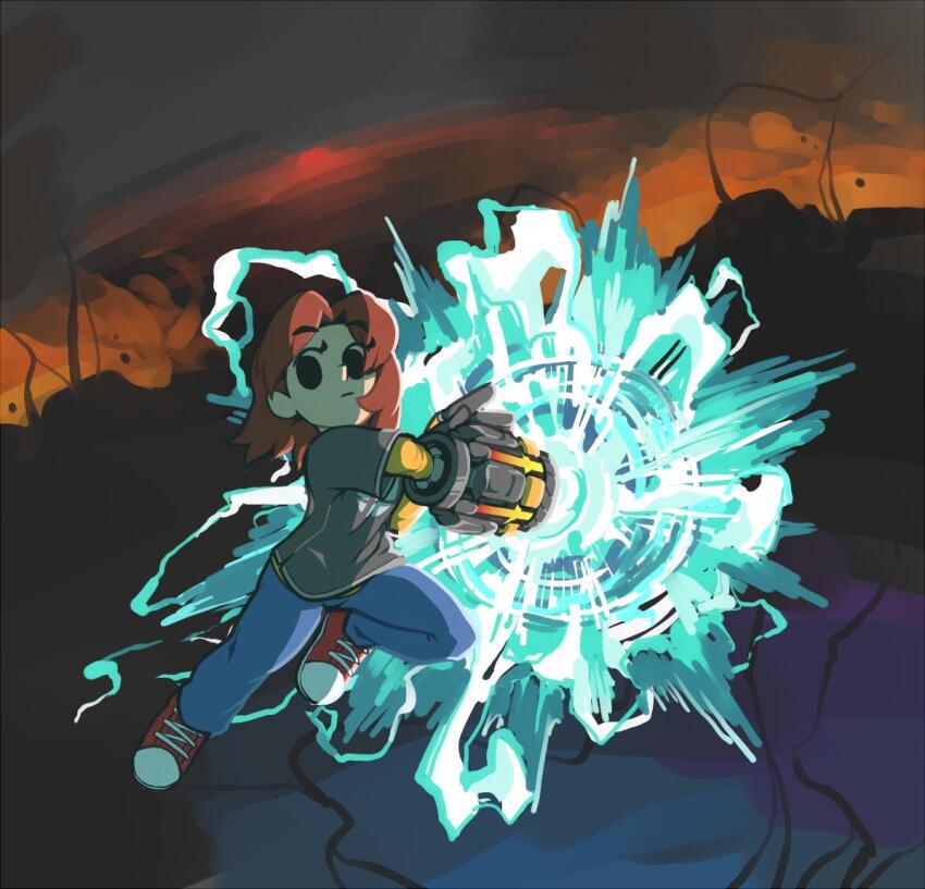 1girl black_eyes blue_pants denim electricity final_destination_(smash_bros) fire full_body gummuru jeans looking_at_viewer mechanical_arms medium_hair mii_(nintendo) mii_gunner mii_gunner_(smash_4) nintendo pants red_hair red_shoes shirt shoes short_hair single_mechanical_arm sneakers solo super_smash_bros. t-shirt weapon