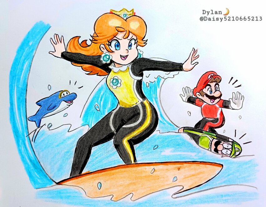 1boy 1girl artist_name blue_eyes breasts brooch brown_hair crown daisydylan06 dolphin dolphin_(mario) facial_hair grin hat highres jewelry luigi mario mario_&amp;_luigi_rpg mario_&amp;_sonic_(series) mario_&amp;_sonic_at_the_tokyo_2020_olympic_games mario_(series) mustache mustaches nintendo ocean princess_daisy sega smile super_mario_world surfboard surfing tight_clothes traditional_media water waves