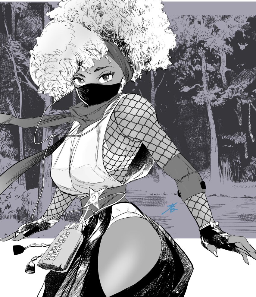 1girl afro bra bra_peek curly_hair fingerless_gloves fishnets gloves greyscale hairband headphones highres hip_vent hiroshi_mono kimberly_jackson looking_at_viewer mask monochrome mouth_mask ninja official_alternate_costume official_alternate_hairstyle panties panty_peek scarf shuriken solo street_fighter street_fighter_6 underwear weapon