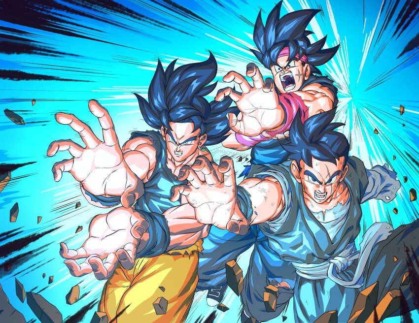absurdres bardock black_eyes black_hair blue_background energy family_kamehameha father-son_kamehameha father_and_son grandfather_and_grandson highres kamehameha_(dragon_ball) looking_at_viewer nachairo scar scar_across_eye scar_on_face scratches screaming son_gohan_(future) son_goku super_dragon_ball_heroes tagme torn_clothes ultra_instinct