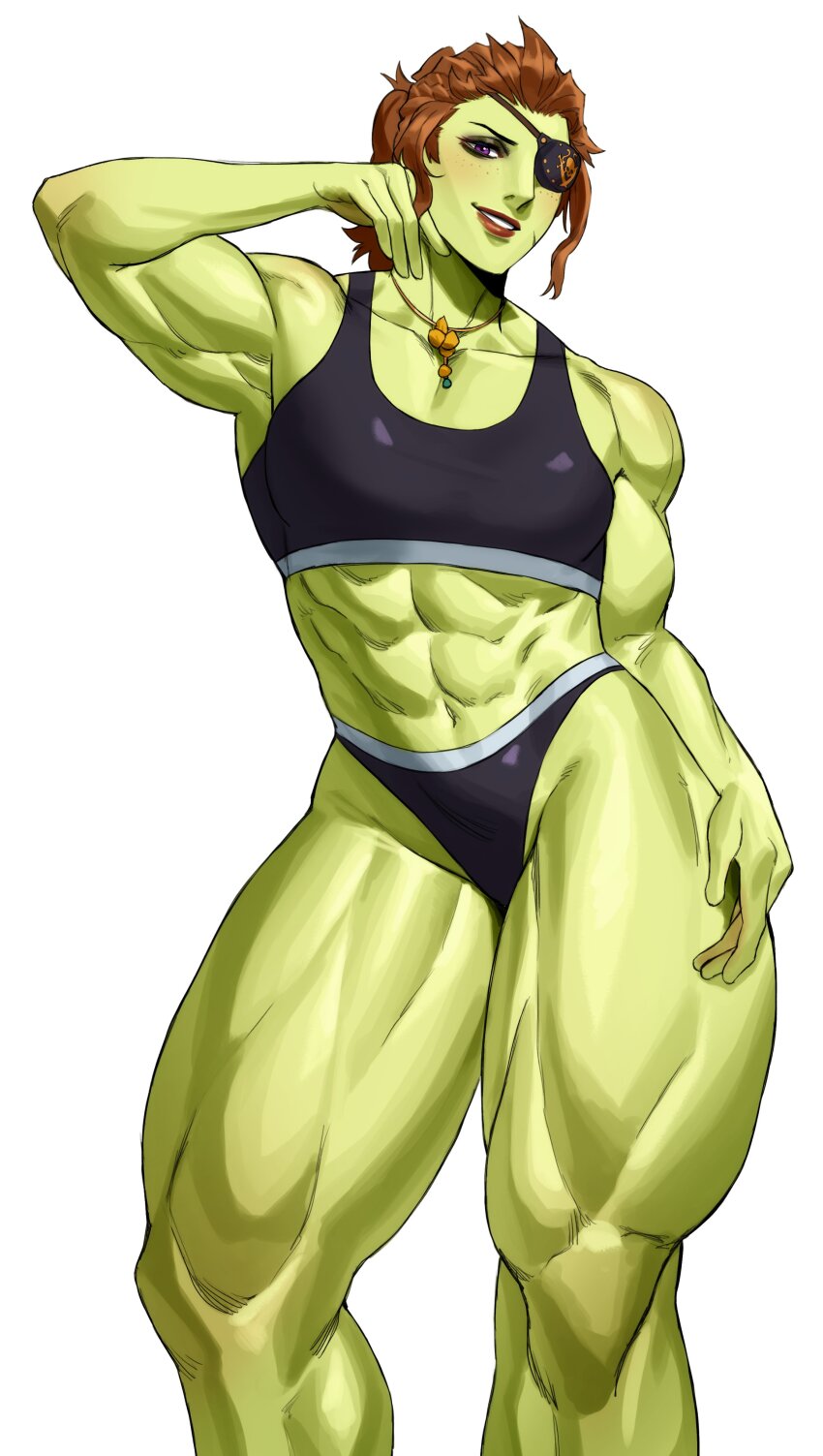 1girl abs absurdres black_panties black_sports_bra brown_hair colored_skin eyepatch freckles green_skin highres jewelry looking_at_viewer muscular muscular_female necklace original panties purple_eyes short_hair simple_background solo sotcho sports_bra sportswear underwear white_background