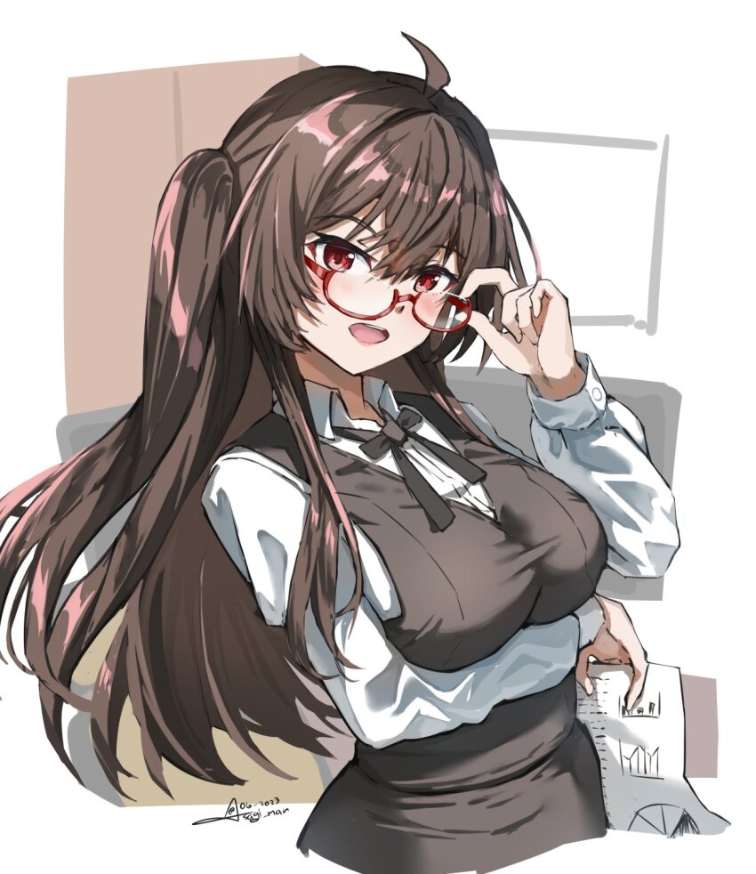 1girl adjusting_eyewear ahoge arm_under_breasts azur_lane black_hair black_vest bow bowtie collared_shirt dated glasses graph hair_between_eyes hand_on_eyewear highres holding holding_paper london_(azur_lane) london_(the_sterling_secretary)_(azur_lane) long_hair long_sleeves office_lady official_alternate_costume one_side_up open_mouth paper red-framed_eyewear red_eyes semi-rimless_eyewear shirt signature sketch solo sundajin_asagi taut_clothes teeth under-rim_eyewear upper_body upper_teeth_only vest white_shirt