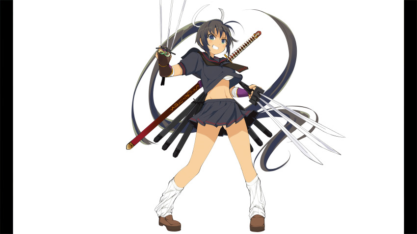 1girl absurdres black_hair black_shirt black_skirt breasts brown_shoes chest_sarashi dark-skinned_female dark_skin gluteal_fold green_eyes grin highres holding holding_sword holding_weapon homura_(senran_kagura) large_breasts long_hair midriff multiple_swords navel non-web_source official_art pillarboxed ponytail sarashi senran_kagura senran_kagura_shoujo-tachi_no_shin&#039;ei shirt shoes skirt smile socks solo sword tan weapon white_background white_socks yaegashi_nan