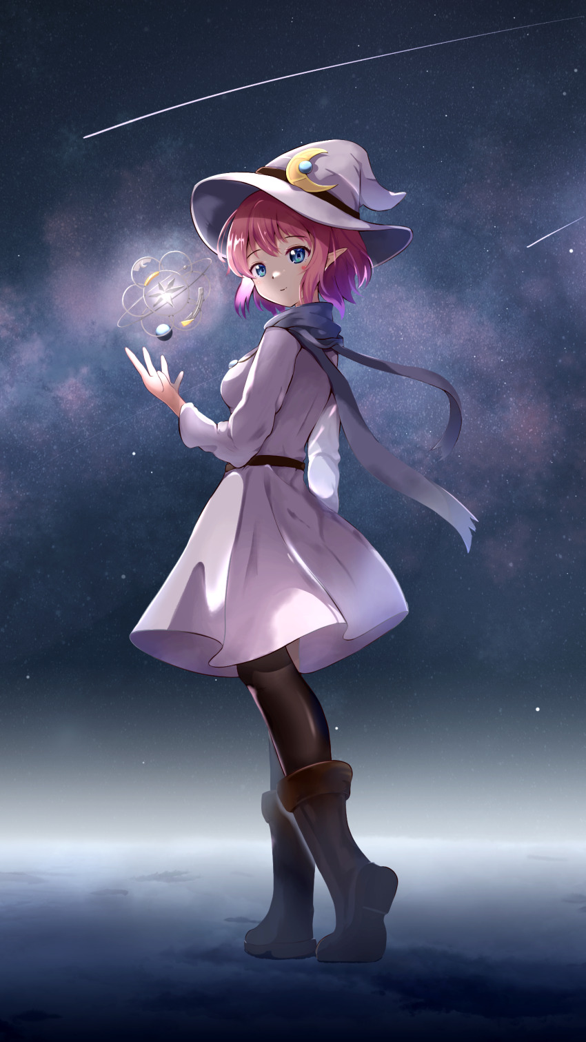 1girl absurdres black_pantyhose black_scarf blue_eyes boots breasts brown_boots commentary crescent crescent_hat_ornament cruvie dress eyelashes from_behind full_body hair_between_eyes hand_up hat hat_ornament highres jewelry long_sleeves looking_at_viewer looking_back medium_breasts medium_dress medium_hair night night_sky original outdoors pantyhose pendant pink_hair pointy_ears scarf shooting_star sidelocks sky solo standing star_(sky) star_(symbol) starry_sky underlighting white_dress witch witch_hat