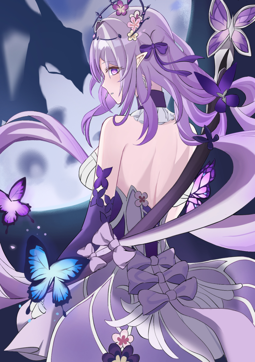 1girl backless_dress backless_outfit bare_back bare_shoulders bow bug butterfly castorice_(honkai:_star_rail) cowboy_shot dress flower from_behind hair_bow hair_flower hair_ornament highres honkai:_star_rail honkai_(series) insect long_hair looking_at_viewer looking_back parted_lips pink_flower pointy_ears purple_bow purple_eyes purple_hair solo standing takahiro_(pejx5542) very_long_hair