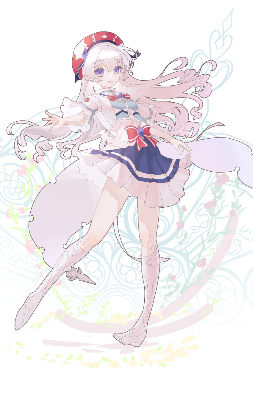 1girl :d absurdres arcade arcaea beret blue_skirt boots commentary_request contrapposto floating_hair frilled_skirt frills full_body hat highres hikari_(arcaea) legs legs_apart long_hair looking_at_viewer miniskirt open_mouth outstretched_arm pointy_footwear purple_eyes red_hat short_sleeves skirt smile solo white_background white_boots white_hair zonne=quael