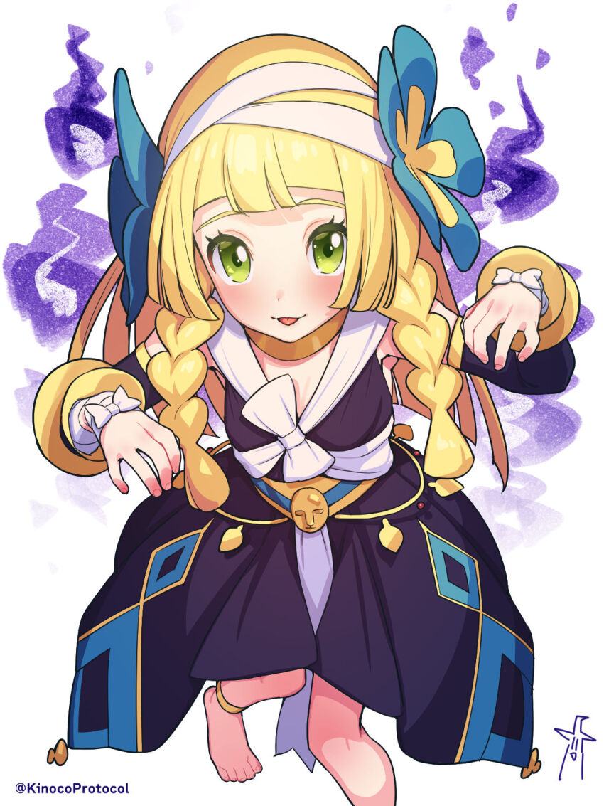 1girl alternate_costume anklet barefoot blonde_hair blunt_bangs blush braid closed_mouth commentary_request cosplay detached_sleeves dress eyelashes flower green_eyes green_flower hair_flower hair_ornament hairband halloween_costume hands_up highres jewelry kinocopro knees lillie_(pokemon) long_hair looking_at_viewer nintendo phoebe_(fall_2023)_(pokemon) phoebe_(pokemon) phoebe_(pokemon)_(cosplay) pokemon pokemon_masters_ex pokemon_sm smile solo toes tongue tongue_out twin_braids twitter_username white_hairband