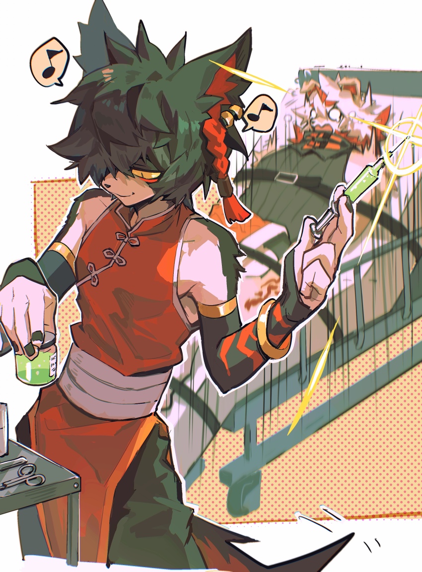 2boys aak_(arknights) absurdres arknights bed blank_eyes bound braid colored_sclera flying_sweatdrops furry furry_male halftone halftone_background highres holding holding_jar holding_syringe horns hospital_bed hung_(arknights) jar male_focus multicolored_hair multiple_boys musical_note mythological_creature o_o scared shirt single_horn sleeveless sleeveless_shirt speech_bubble spoken_musical_note streaked_hair struggling syringe tearing_up xiao_(creation0528) yellow_sclera