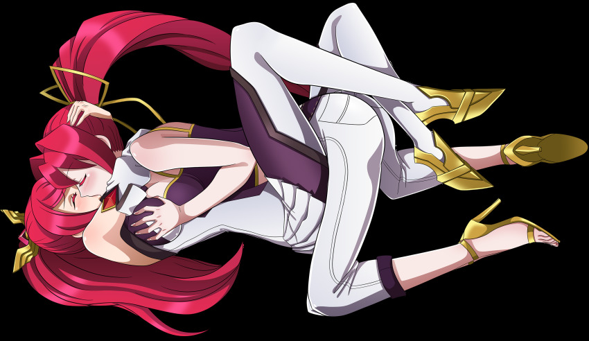 2girls arc_system_works arm_around_another&#039;s_neck bare_shoulders blazblue blush bodysuit breast_press breasts closed_eyes crop_top crossover deep_kiss female_focus grabbing_another&#039;s_breast grabbing_another&#039;s_head groping hair_ornament hair_ribbon high_heels highres hug izayoi_(blazblue) kiss large_breasts leenvidia long_hair lying mating_press multiple_girls pants ponytail red_hair ribbon shiny_clothes shiny_skin sideboob skirt thighhighs toes transparent_background under_night_in-birth very_long_hair white_pants yuri yuzuriha_(under_night_in-birth)