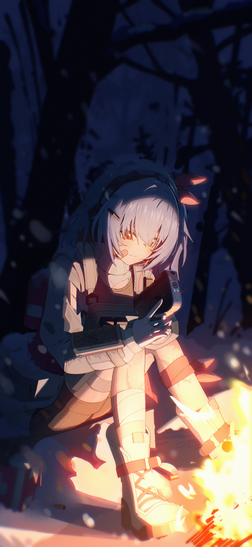 1girl absurdres alternate_hairstyle bandaged_leg bandages bandaid bandaid_on_face bare_tree black_shorts blue_hair bonfire boots closed_mouth colphne_(girls&#039;_frontline_2) commentary full_body girls&#039;_frontline girls&#039;_frontline_2:_exilium gun handgun highres holding holding_gun holding_weapon jacket lace-up_boots mixed-language_commentary night patanda red_eyes revision scar scar_on_leg short_shorts shorts sitting snow snowing solo taurus_curve tree trigger_discipline weapon white_boots white_jacket winter
