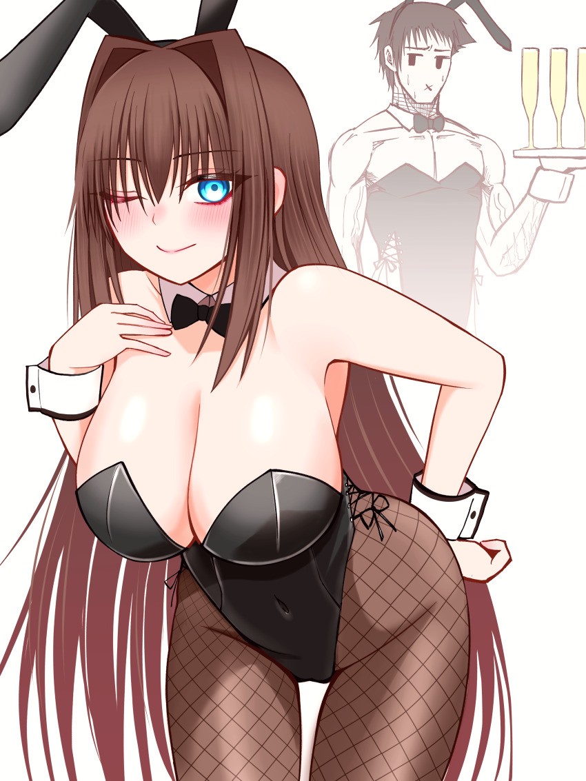 1boy 1girl absurdres animal_ears aozaki_aoko bare_shoulders black_leotard blue_eyes blush breasts brown_hair brown_pantyhose cleavage detached_collar fake_animal_ears fishnet_pantyhose fishnets hair_intakes highleg highleg_leotard highres large_breasts leaning_forward leotard long_hair looking_at_viewer mahou_tsukai_no_yoru mcpc_zamurai one_eye_closed pantyhose playboy_bunny rabbit_ears shizuki_soujuurou sidelocks smile thighs wrist_cuffs
