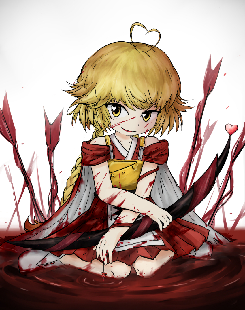 1other androgynous antenna_hair apron armor arrow_(projectile) bare_legs blonde_hair blood blood_drop blood_on_arm blood_on_clothes blood_on_face blood_on_leg bow_(weapon) braid breastplate buttons cape collared_socks commentary_request crossed_arms detached_sleeves full_body heart heart_antenna_hair heart_in_eye highres holding holding_bow_(weapon) holding_weapon japanese_clothes kimono kuroda_(kurota_ne) len&#039;en long_hair looking_at_viewer low_twin_braids ooama_no_ake_no_mitori open_mouth other_focus pagoda pool_of_blood red_kimono red_sleeves short_kimono short_sleeves sitting sitting_on_liquid sleeveless sleeveless_kimono smile socks solo symbol_in_eye twin_braids two-sided_cape two-sided_fabric very_long_hair waist_apron wariza weapon white_apron white_background white_cape white_socks yellow_eyes