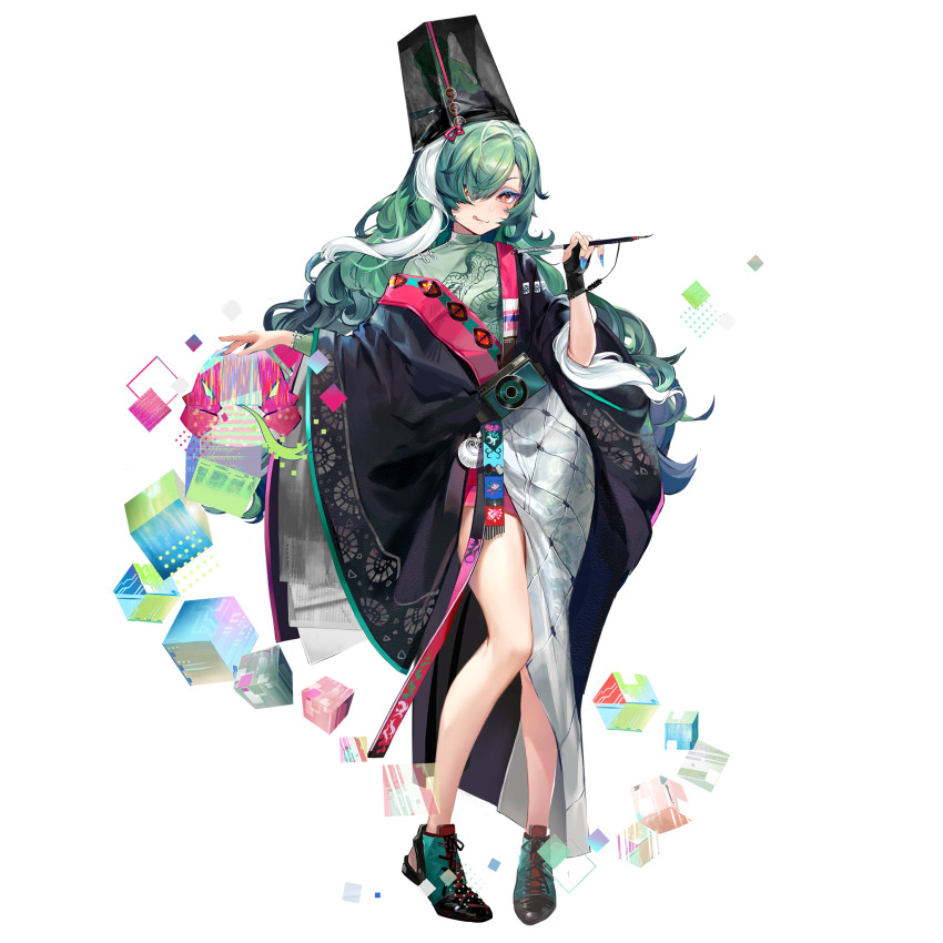 1girl black_hat calligraphy_brush colored_eyelashes full_body game_cg girls&#039;_frontline girls&#039;_frontline_neural_cloud green_hair green_shirt hair_over_one_eye hat highres holding holding_calligraphy_brush holding_paintbrush knees_together_feet_apart licking_lips neon_(zuicongming) off_shoulder official_art paintbrush red_eyes sarong shirt solo standing tachi-e taoism third-party_source tongue tongue_out transparent_background white_hair white_sarong wide_sleeves zangyin_(neural_cloud)