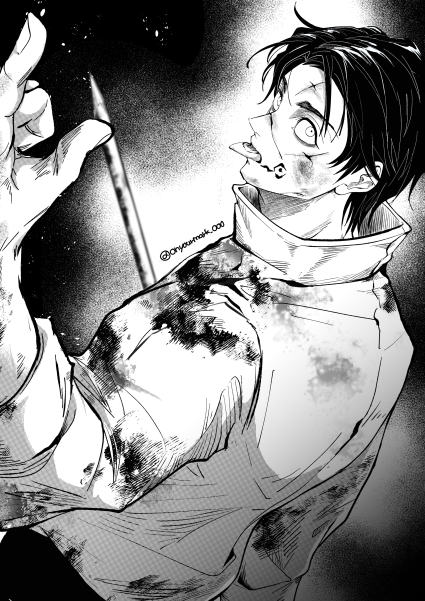 1boy absurdres artist_name black_background black_hair black_pants blood blood_on_clothes blood_on_face bloody_weapon closed_mouth crazy_eyes cuts debris domain_expansion facial_tattoo fighting_stance floating_hair greyscale hand_up hayate_aki high_collar highres holding holding_sword holding_weapon injury jacket jujutsu_kaisen jujutsu_tech_uniform katana long_sleeves looking_at_viewer male_focus monochrome okkotsu_yuuta open_mouth pants school_uniform serious short_hair simple_background sword tattoo tongue tongue_out tongue_tattoo weapon white_jacket