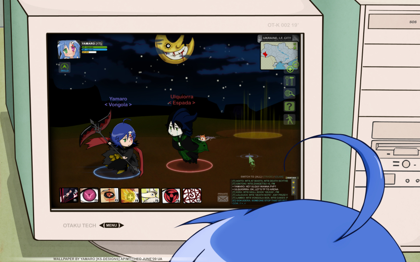 4girls ahoge allen_walker artist_request bat_(animal) black_hair bleach bleach:_fade_to_black blood blue_hair code_geass computer crossover d.gray-man dark_rukia death_note excalibur_(soul_eater) fake_screenshot fullmetal_alchemist geass green_eyes grin heterochromia highres izumi_konata katekyo_hitman_reborn! kuchiki_rukia lucky_star mmo monitor moon multiple_girls naruto naruto_(series) nazo_koumori night otaku parody playing_games red_eyes rosario+vampire scarf scythe sharingan smile soul_eater suzumiya_haruhi_no_yuuutsu ukraine ulquiorra_cifer