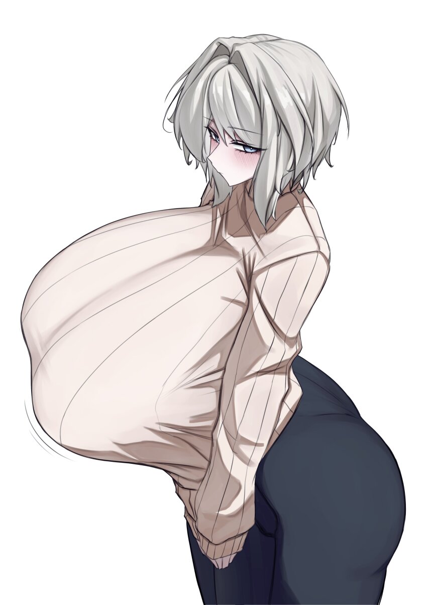 1girl absurdres alternate_breast_size_(larger) ass blush bouncing_breasts breasts denim faust_(project_moon) from_above from_side gigantic_breasts hair_between_eyes highres jeans k_dhen limbus_company looking_at_another looking_up medium_hair own_hands_together pants project_moon ribbed_sweater shy sidelocks solo sweater turtleneck turtleneck_sweater white_hair wide_hips