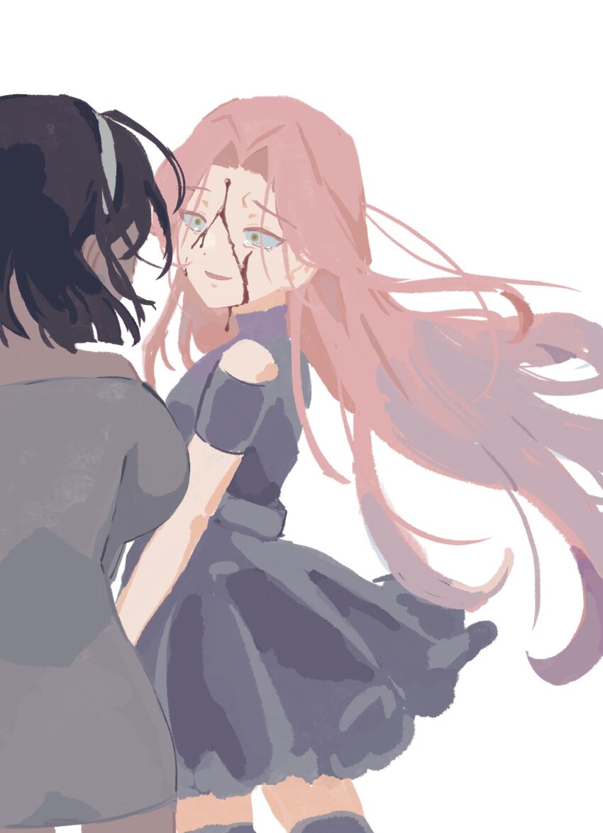 2girls alien_stage black_blood black_hair blood blood_on_face bob_cut clothing_cutout commentary dress floating_hair hashtag-only_commentary highres long_hair mizi_(alien_stage) multiple_girls pink_hair roastedcha short_hair shoulder_cutout smile sua_(alien_stage) tears very_long_hair white_background white_dress