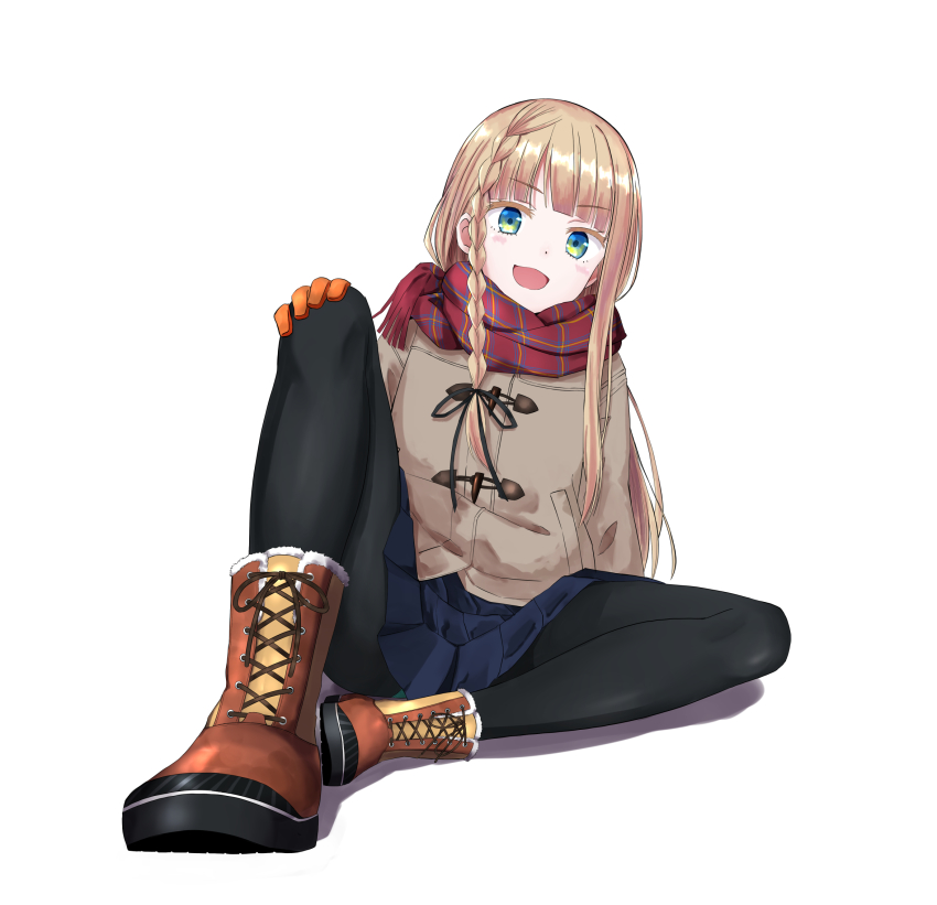 1girl ankle_boots beige_coat black_pantyhose blonde_hair blue_skirt blunt_bangs boots braid coat commentary_request duffel_coat gloves gradient_eyes highres lace-up_boots looking_at_viewer multicolored_boots multicolored_eyes open_mouth original pantyhose plaid_clothes plaid_scarf scarf school_uniform single_braid sitting skirt smile solo urushiushiru v-shaped_eyebrows white_background