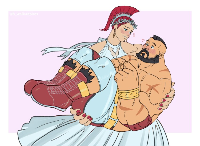1girl bara beard blush body_fur capcom carrying cross-laced_footwear dress facial_hair fidgeting full_body heart hetero highres index_fingers_together large_feet large_hands laurel_crown marco_rodrigues_(saikyokugen) marisa_(street_fighter) mature_male mohawk muscular muscular_male princess_carry raised_eyebrows reverse_princess_carry scar scar_on_arm shy street_fighter street_fighter_6 topless_male white_dress wide-eyed wrestling_outfit zangief