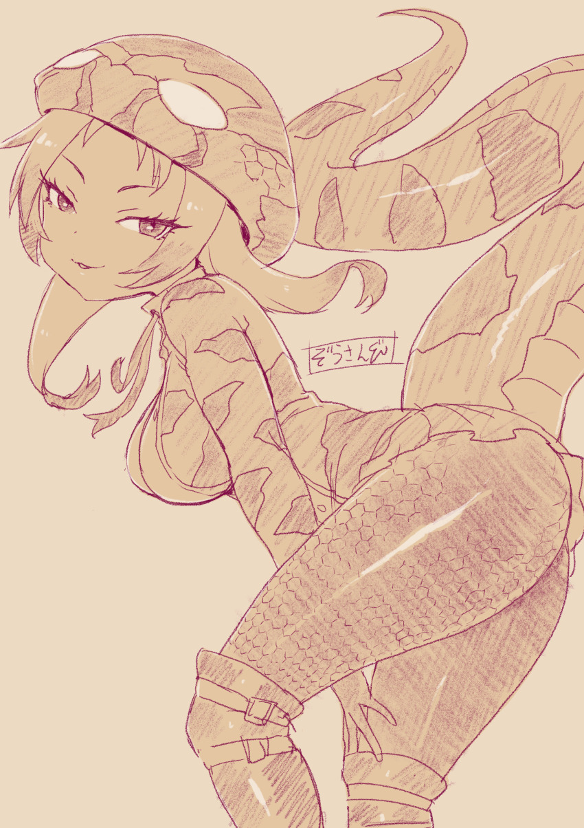 1girl absurdres african_rock_python_(kemono_friends) animal_ears ass breasts drawstring gloves highres hood hood_up hooded_jacket hoodie jacket kemono_friends kemono_friends_3 large_breasts long_hair long_sleeves masuyama_ryou multicolored_hair open_mouth print_hoodie print_jacket skirt smile snake_girl snake_hood snake_print snake_tail tail thighs two-tone_hair
