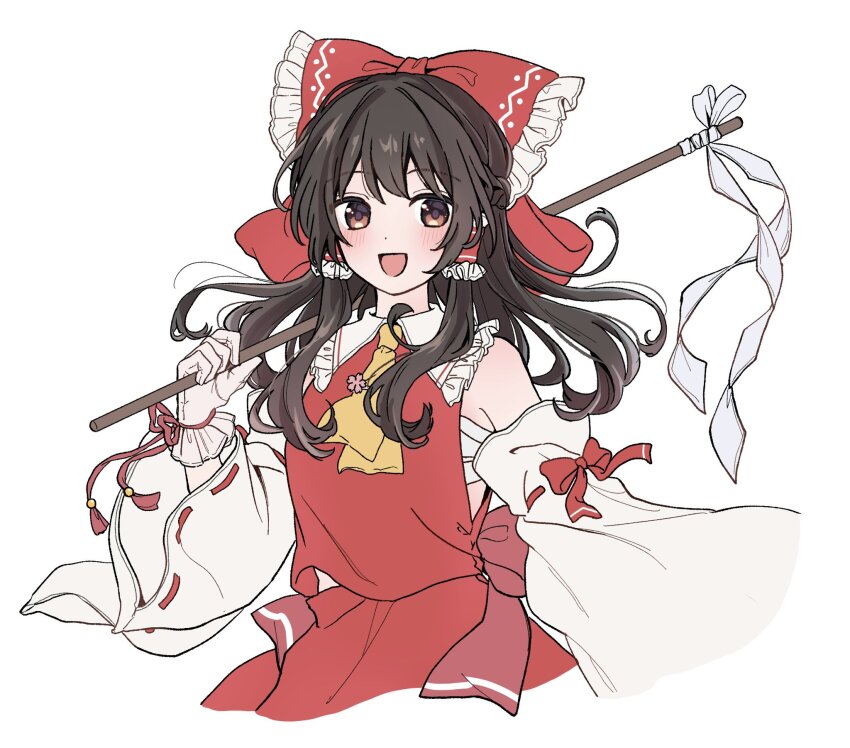 1girl :d ascot black_hair bow brown_eyes chest_sarashi collared_shirt commentary_request cropped_torso detached_sleeves frilled_bow frilled_hair_tubes frilled_shirt_collar frills gloves hair_bow hair_tubes hakurei_reimu highres long_hair long_sleeves looking_at_viewer open_mouth red_bow red_ribbon red_skirt reimu_tyuki ribbon ribbon-trimmed_sleeves ribbon_trim sarashi shirt simple_background skirt sleeveless sleeveless_shirt smile solo touhou upper_body white_background white_gloves white_shirt white_sleeves wide_sleeves yellow_ascot