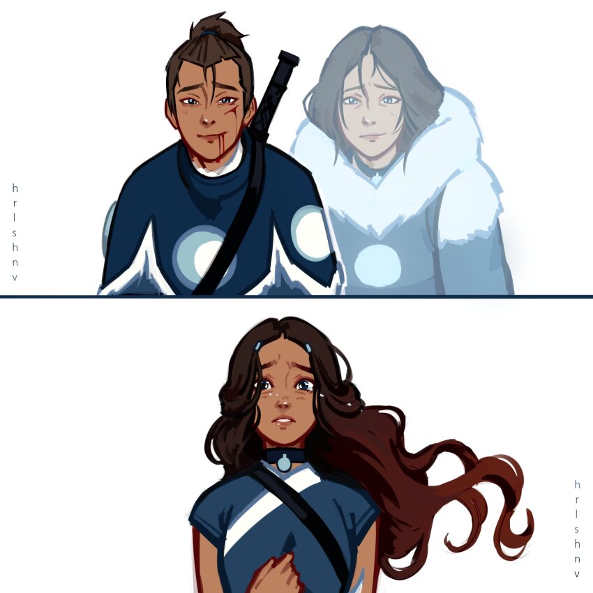 1boy 2girls artist_name avatar:_the_last_airbender avatar_legends black_choker blood blood_from_mouth blue_eyes brother_and_sister brown_hair choker coat commentary cuts dark-skinned_female dark-skinned_male dark_skin english_commentary fur-trimmed_coat fur_trim highres hrlshnv injury katara kya_(avatar) long_hair looking_at_viewer mature_female mother_and_daughter mother_and_son multiple_girls parted_lips sad short_hair siblings simple_background smile sokka tearing_up upper_body white_background