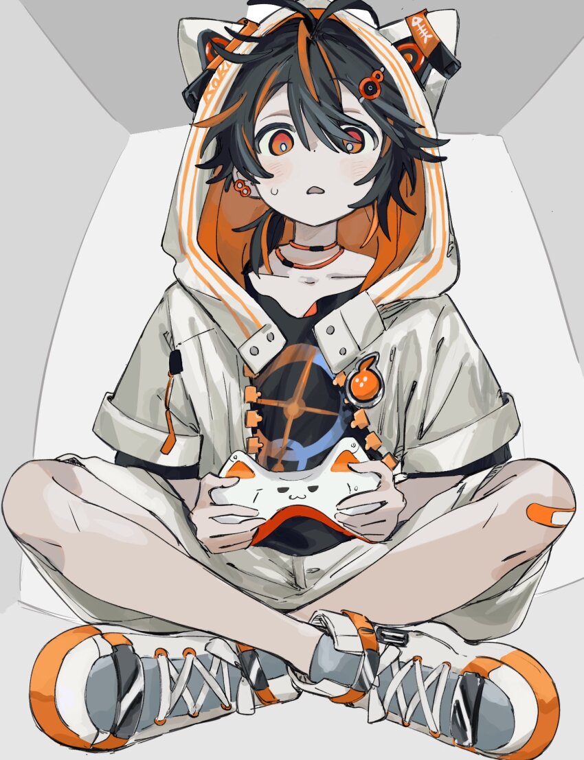 1boy animal_ears bandaid bandaid_on_knee bandaid_on_leg bishounen black_hair black_shirt borrowed_character box bright_pupils cana2434 cat_ears commission downturned_eyes from_below full_body hair_between_eyes highres holding hood hood_up hooded_jacket in_box in_container indian_style jacket jewelry karuno_(karuno_219) looking_at_viewer male_focus necklace open_clothes open_jacket orange_eyes orange_hair orange_trim original parted_lips shirt shoes short-sleeved_jacket short_sleeves shorts sitting sneakers solo spot_color sweatdrop two-handed white_jacket white_pupils white_shoes white_shorts